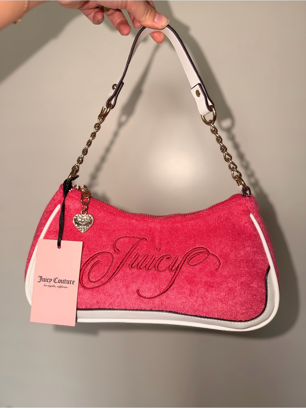 Juicy Couture Hot Pink Velour Shoulder Bag with White Trim
